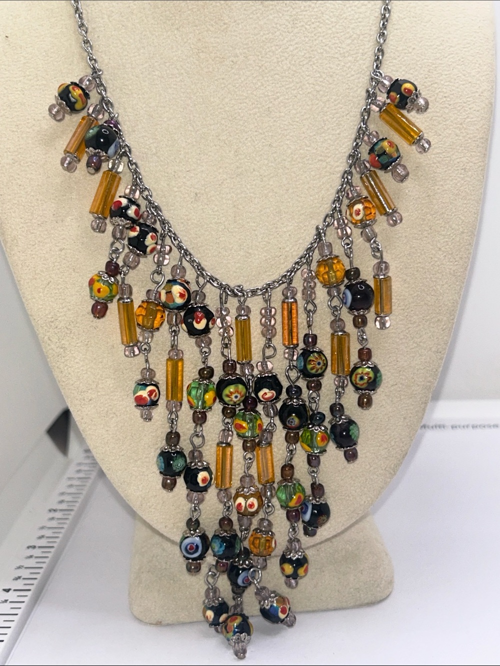 Vintage Multicolor Floral Glass Bead Fringe Necklace with Amber Accents